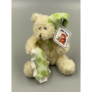 Royal Plush Toys 6” Shaggy Beige Teddy Bear W/ Night Cap & Pillow Green Dots